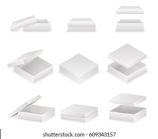 Paper boxes lids set open and closed pack isolated vector illustration