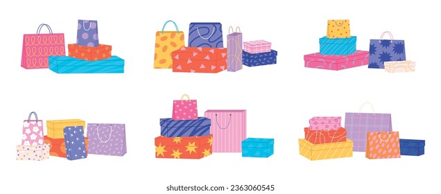 Paper boxes piles and bags stack. Shoes bag collection, craft fashion presents packaging design. Isolated shops purchases, racy vector set