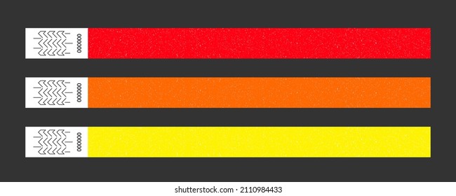 Paper bracelet vector mockups for concert, vip zone or festival. Template or mock up suitable for branding. Red, yellow, orange blank sticky wristlet tickets. Id isolated on dark background