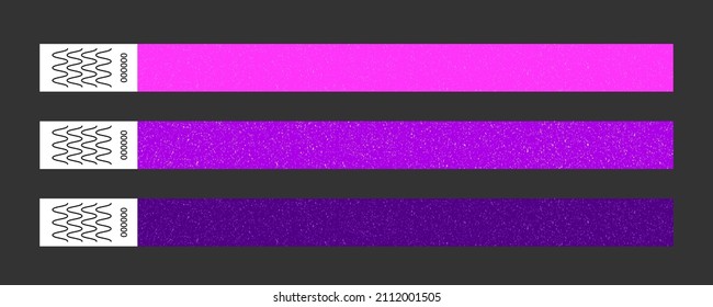 Paper bracelet vector mockups for concert, vip zone or festival. Template or mock up suitable for branding. Pink, purple, violet blank sticky wristlet tickets. Id isolated on dark background