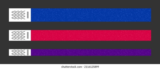 Paper bracelet vector mockups for concert, vip zone or festival. Template or mock up suitable for branding. Red, blue, purple wide, narrow blank sticky wristlet tickets. Id isolated on dark background