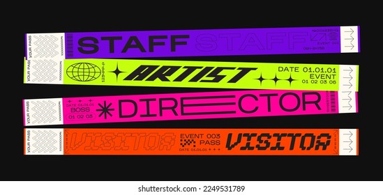 Paper bracelets for concert, vip zone or festival. Festival ticket vector mockup in retro futuristic style. sticky wristbands pass, access control vector design