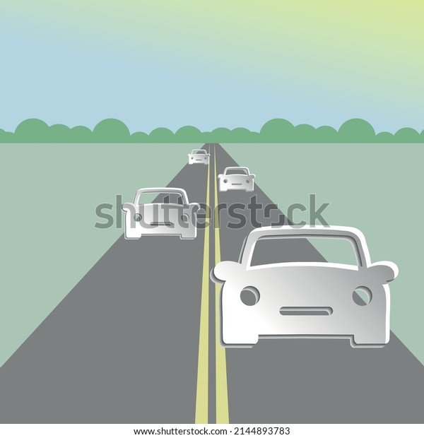 Paper bright cars on the road in paper cut style. Design\
3D cars with shadow on landscape background. Vector illustration.\

