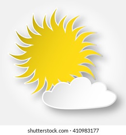 Paper bright shining sun on the sky, isolated over white.