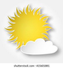 Paper bright shining sun on the sky, isolated over white.