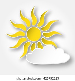 Paper bright shining sun on the sky, isolated over white.