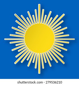 Paper bright yellow shining sun on the blue sky.