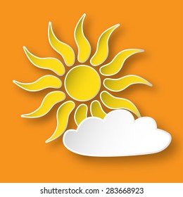 Paper bright yellow shining sun and a cloud on the orange sky.