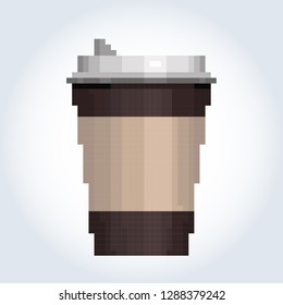 Paper brown coffee cup with a beige label and a white lid. Gray-blue gradient background. Pixel art.