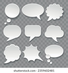 Paper bubble cloud set. 3d thought thinking text speech clouds web dialog balloons shadow isolated on transparent background vector illustration