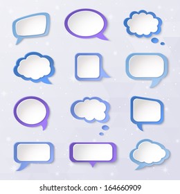 Paper bubbles for speech on a gray background with snowflakes. Design Elements. Vector illustration.
