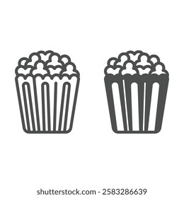 Paper bucket with popcorn line and solid icon, grocery products concept. Vector graphics. Cup with fried corn sign on white background, outline style icon for mobile or web design