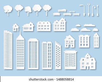 Edificios de papel. Casas de originami con ventanas. Rascacielos de cartón con farolillos, árboles y bancos. Diseño vectorial de papel blanco espacio exterior de la ciudad de la ciudad el techo de la oficina de la oficina panorámica