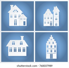 Paper buildings silhouettes isolated in light blue background. Vector illustrations with set of white beautiful houses with many windows and chimneys