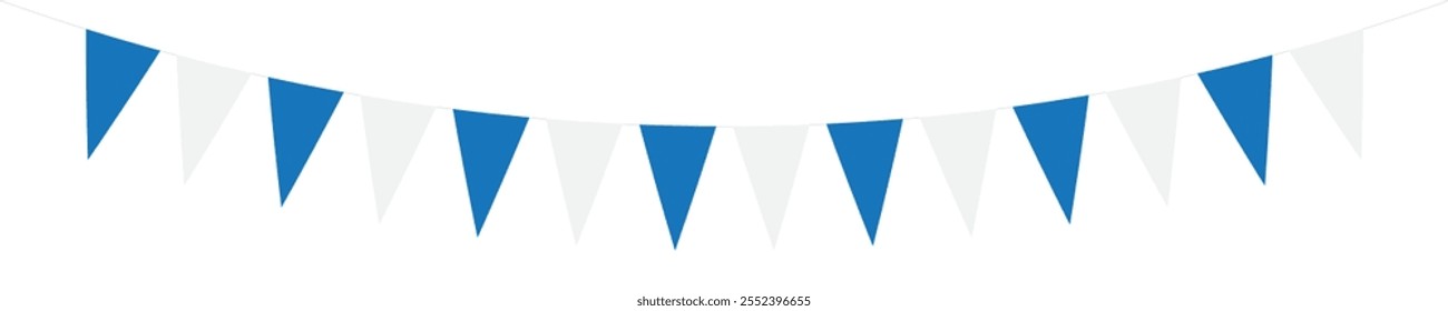 Paper bunting flags garland isolated on transparent background. White and blue party flags hanging with rope.