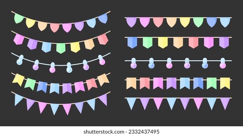 Carnaval de conglomerado de papel con juego plano de bandera. Banderas triangulares de bombilla de luz plancha arco iris patrón sin inconvenientes pincel decorativo fiesta de peniques festival colorido gran apertura aislado