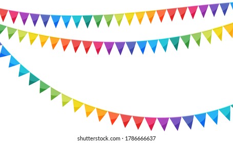 Paper bunting party flags isolated on white background. Carnival garland with flags in rainbow colors. Decorative colorful party pennants for birthday celebration, festival decor. Bright bunting flags