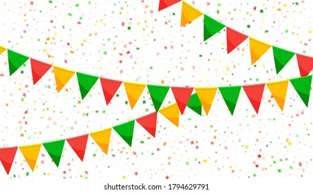 Paper bunting party flags and stars isolated on white background. Carnival garland with flags. Decorative colorful party pennants for birthday celebration, festival decor. Colorful bunting flags.