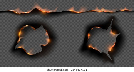 Buracos de papel e conjunto de ilustrações realistas de vetor de quadro de linha. Ablaze borda redonda com fogo, borda queimada e cinzas pretas isoladas no fundo transparente. Efeito de sobreposição de chama