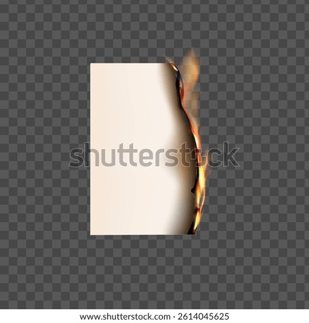 Paper burn vector realistic illustration. Burning paper side or parchment sheet with fire and black ash isolated on transparent background. Flaming page scrap with scorched edge
