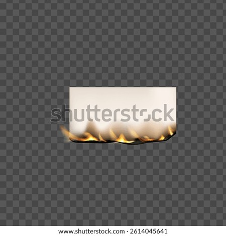 Paper burn vector realistic illustration. Burning paper bottom side or parchment sheet with fire and ash isolated on transparent background. Flaming page scrap with scorched edge