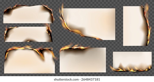 Conjunto de ilustrações realistas de vetor de gravação de papel. Lado de papel ou folha de pergaminho com fogo e cinzas pretas isoladas sobre fundo transparente. Sucata de página flamejante com borda queimada