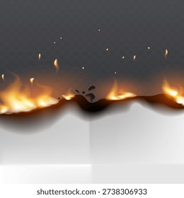 Paper burning, creating a dark, scorched edge with vibrant flames on a transparent background