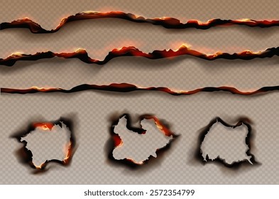 Paper burning edges. Burnt effect with flame and ash. Crisp fired fragile borders, curl, torn edges flames, burning paper holes