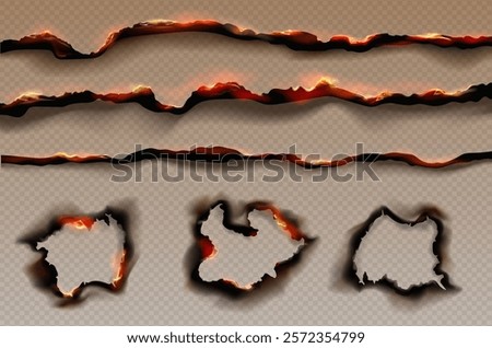 Paper burning edges. Burnt effect with flame and ash. Crisp fired fragile borders, curl, torn edges flames, burning paper holes