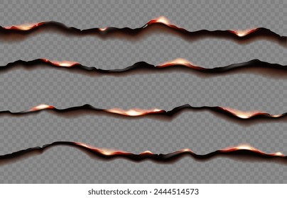 Paper burning edges with fire flames effect on transparent background. Vector 3d page edges of parchment scroll and old paper sheet with realistic texture of black ash. Scorched border and frame lines