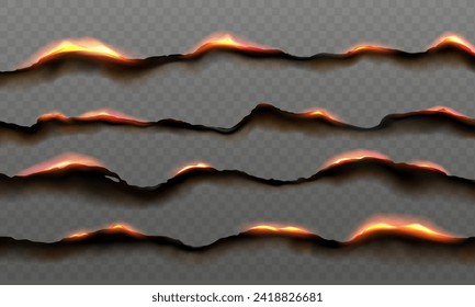 Paper burning edges. Realistic 3d vector parchment burnt effect with flame and ash. Crisp fragile borders transform into charred contours, curl, blackening as flames dance along their delicate fibers