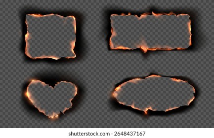 Papel queimando coração e retângulo furo quadros vetor realista ilustrações conjunto. Papel azul com fogo e cinzas pretas isolados sobre fundo transparente. Efeito de sobreposição flamejante, aresta queimada