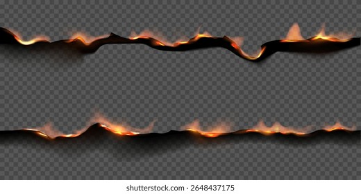 Papel queima listras quadro vetor ilustração realista. Queimando o lado do papel com fogo e cinzas pretas isoladas no fundo transparente. Folha com fogo queimado borda queimada. Efeito de sobreposição de chama