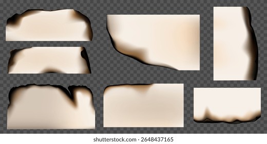 Conjunto de ilustraciones realistas de Vector quemado de papel. Borde de papel carbonizado, hoja lateral o pergamino con ceniza negra aislada sobre fondo transparente. Chatarra de página humeante realista con bordes quemados