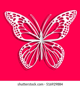 Paper butterfly. Moth of the white paper. Pink background. Vector Image.
