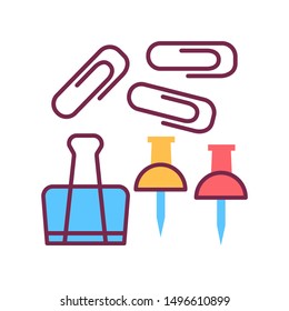 Paper button, clips and staples color line icon. Tems for fasteners notes concept. School supplies. Sign for web page, mobile app, banner, social media. Editable stroke.