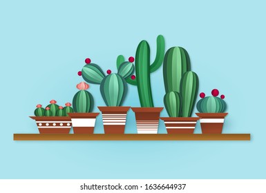 Paper cactus. Cute cacti with flowers in pots on shelf in origami style. Home interior tropical and desert plant decor or blooming succulent vector illustration