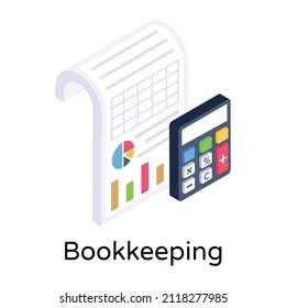 Paper with calculator denoting isometric icon of bookkeeping 

