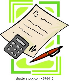 Paper with calculator and pen.Vector illustration