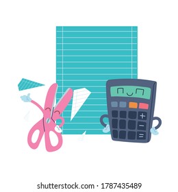 paper, calculator and scissors with happy face cartoonvector illustration design