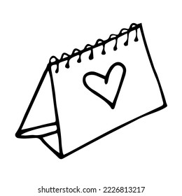 Papierkalender im Doodle-Stil, Vektorgrafik einzeln auf weißem Hintergrund. Valentinstag, handgezeichnet