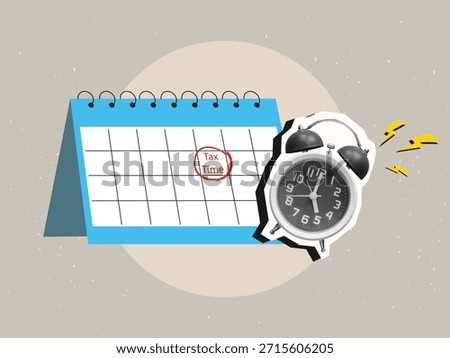 A paper calendar with a mark Tax Time and a ringing alarm clock. Modern photo collage style. Vector illustration