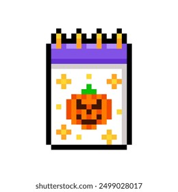 Paper calendar with pumpkin isolated on transparent background. Date reminder icon. October 31. Halloween celebration. Vector pixel art illustration in 16-bit old style.