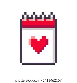 Paper calendar with red heart symbol isolated on white background. Notes reminder. February 14. Valentine’s Day icon. Vector pixel art illustration in 16-bit old style.