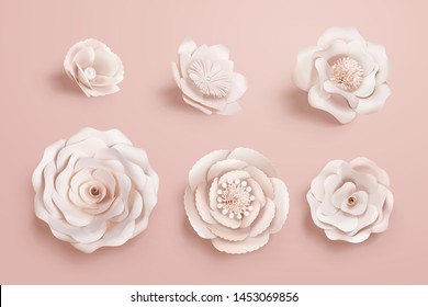 Paper camellia flowers collection in 3d illustration