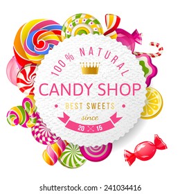 Paper candy shop label with type design and nuts