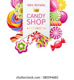 Paper candy shop label with type design and candies