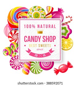 Paper Candy Shop Label With Type Design And Lollipops And Candies