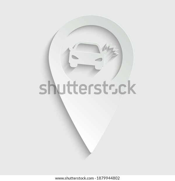 paper\
car accident icon. map point with crach car\
icon