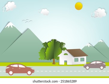 Paper car on the background of the mountains. Vector illustration. The concept of tourism